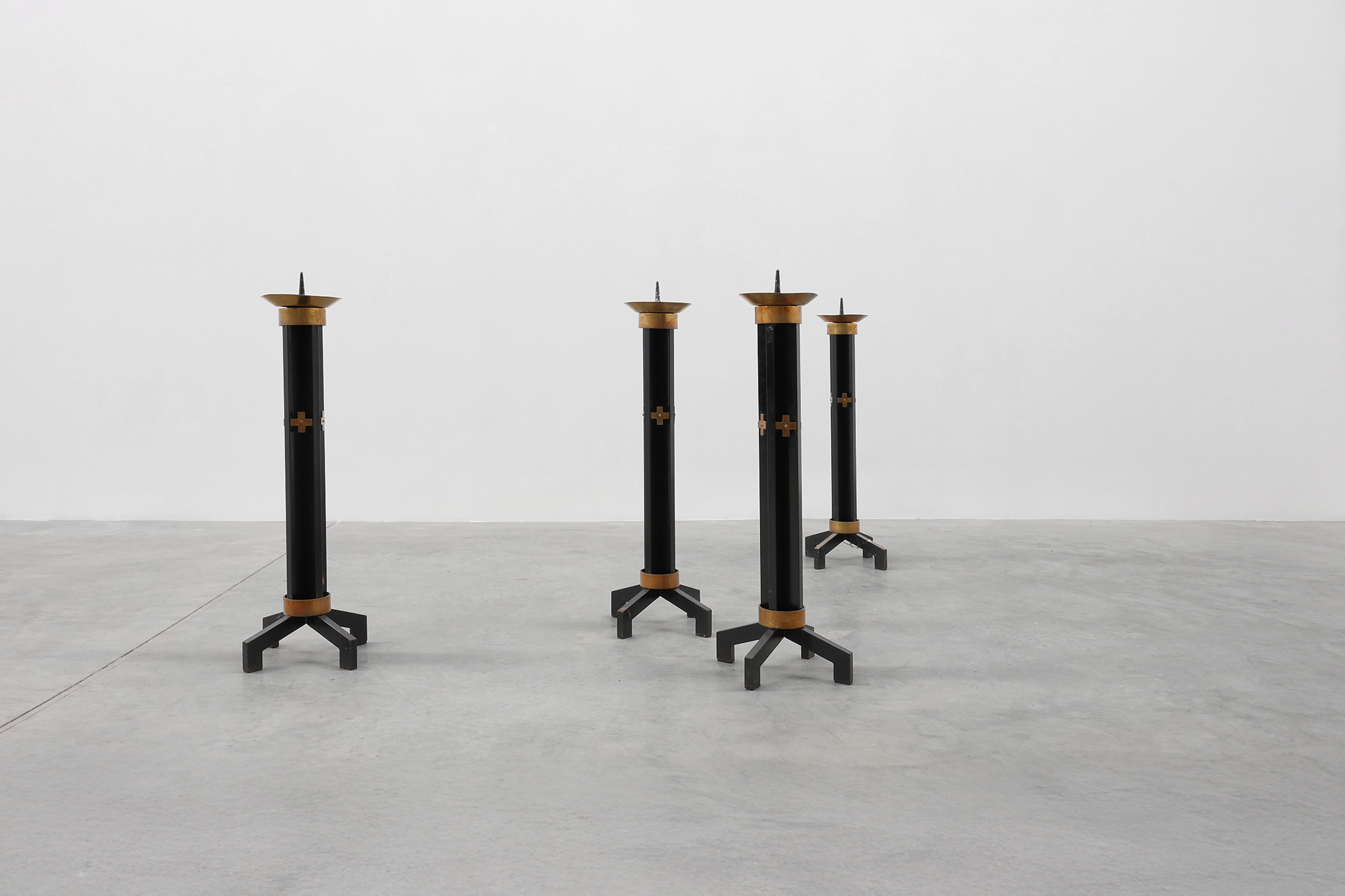 Rare set of 4 very large church candle sticks in black metal and copper, 1960sthumbnail